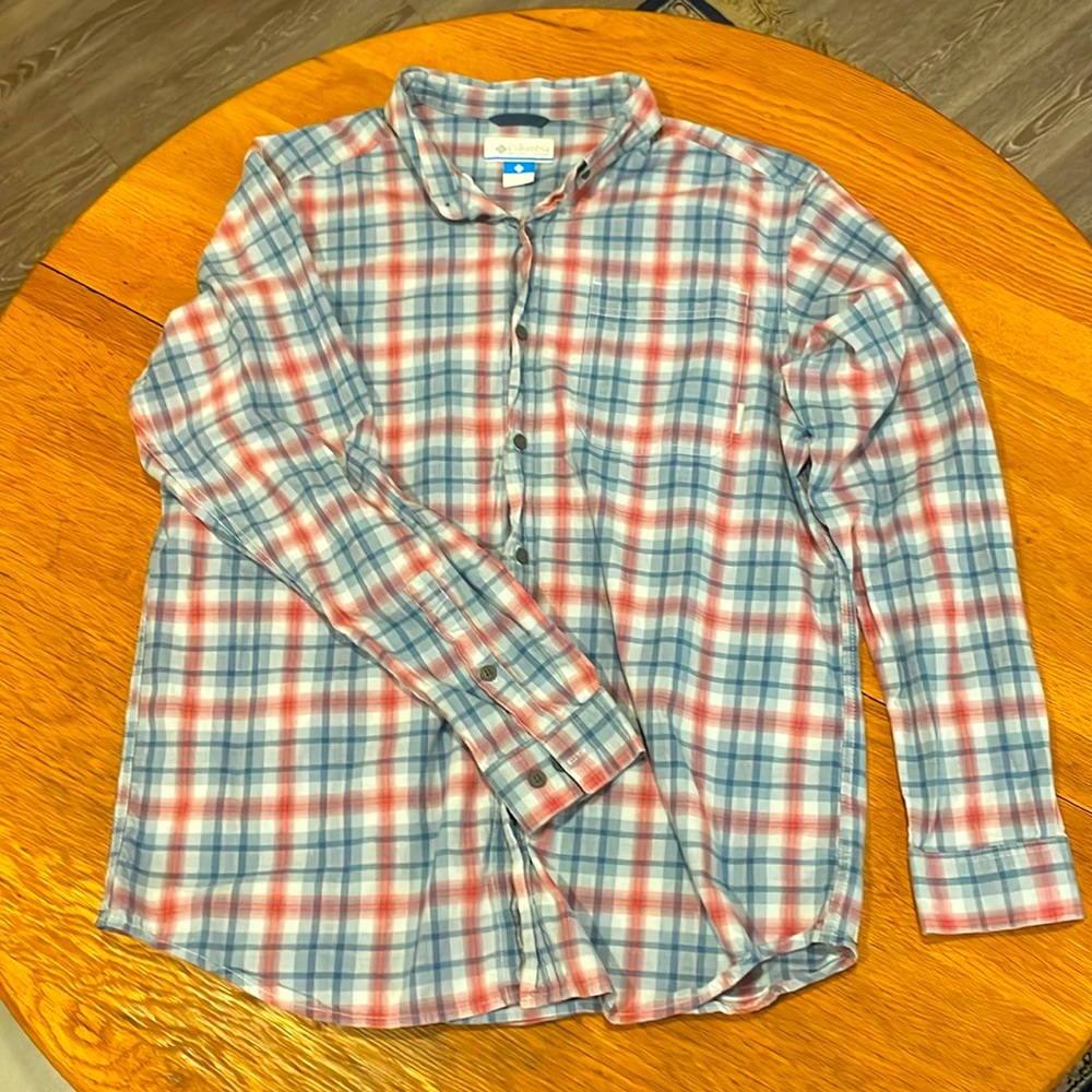 Columbia, long sleeve, button down casual shirt, men’s XL. Red and blue plaid.